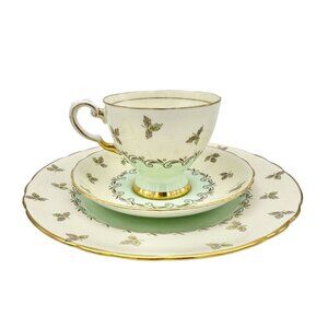 Vintage Tuscan Fine English Bone China Tea Trio Set Green White Floral Design